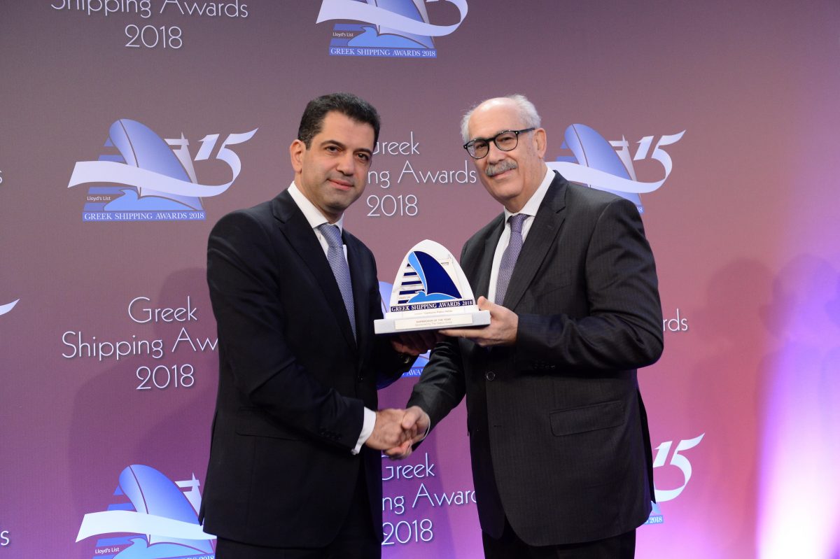 Savvas Athanasiadis of Clarksons Platou Hellas accepting the Shipbroker of the Year Award from Harry Hajimichael of sponsor The Tsakos Group.