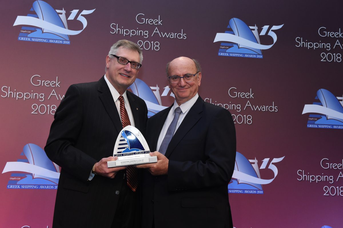 Christopher J. Wiernicki accepting the International Personality of the Year Award from Gerry Ventouris of sponsor Capital Ship Management Corporation.