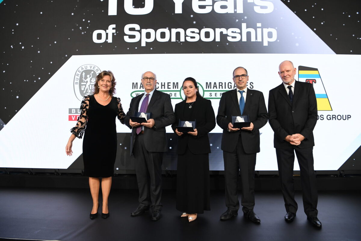 Ten-year silver Sponsorship statuettes presented to the Tsakos Group, Marichem Marigases and Bureau Veritas