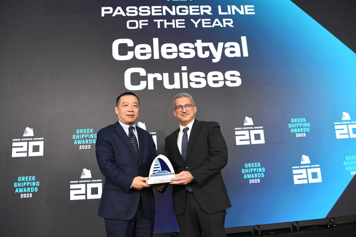 Passenger Line of the Year – Gang Chen, manager of SWS presenting the Award to Christos Theophilidis, CEO of Celestyal Cruises