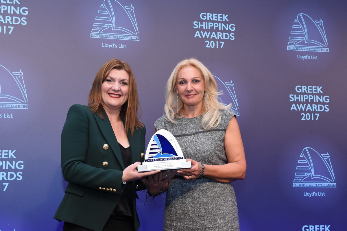 Despina Panayiotou-Theodosiou of sponsor Tototheo Maritime presenting the Shipping Financier of the Year Award to Christina Margelou of Eurobank.
