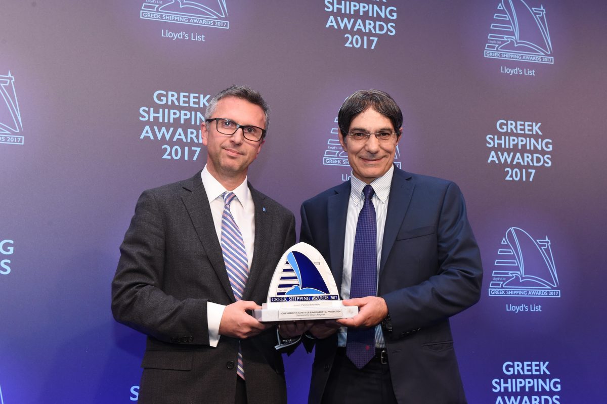 Theodosios Stamatellos of sponsor Lloyd’s Register presenting the Award for Achievement in Safety or Environmental Protection to Panos Zachariadis.