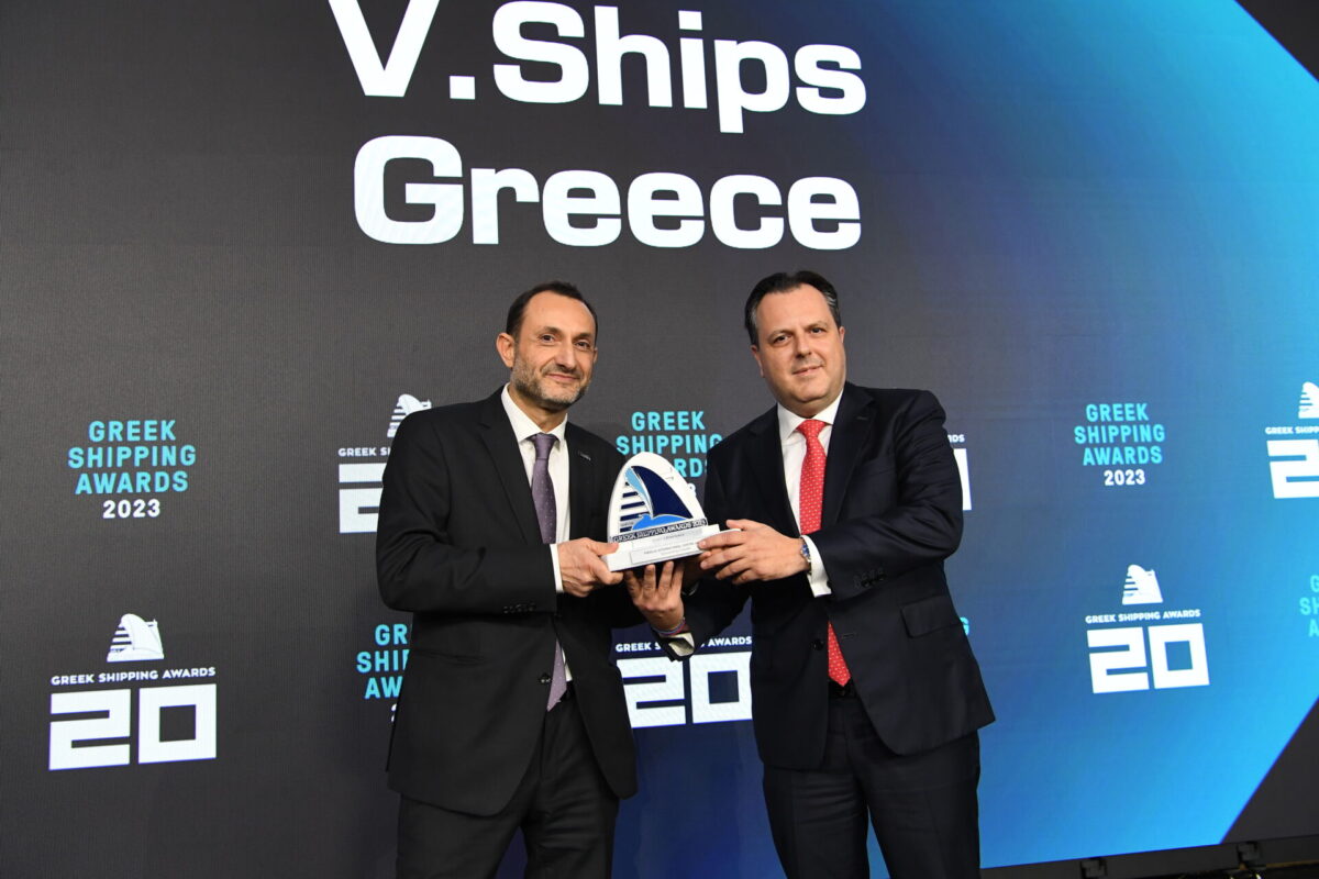 Ioannis Vrontorakis, general manager of ClassNK Piraeus Office presenting the Award to Costas Kontes, managing director of V.Ships Greece