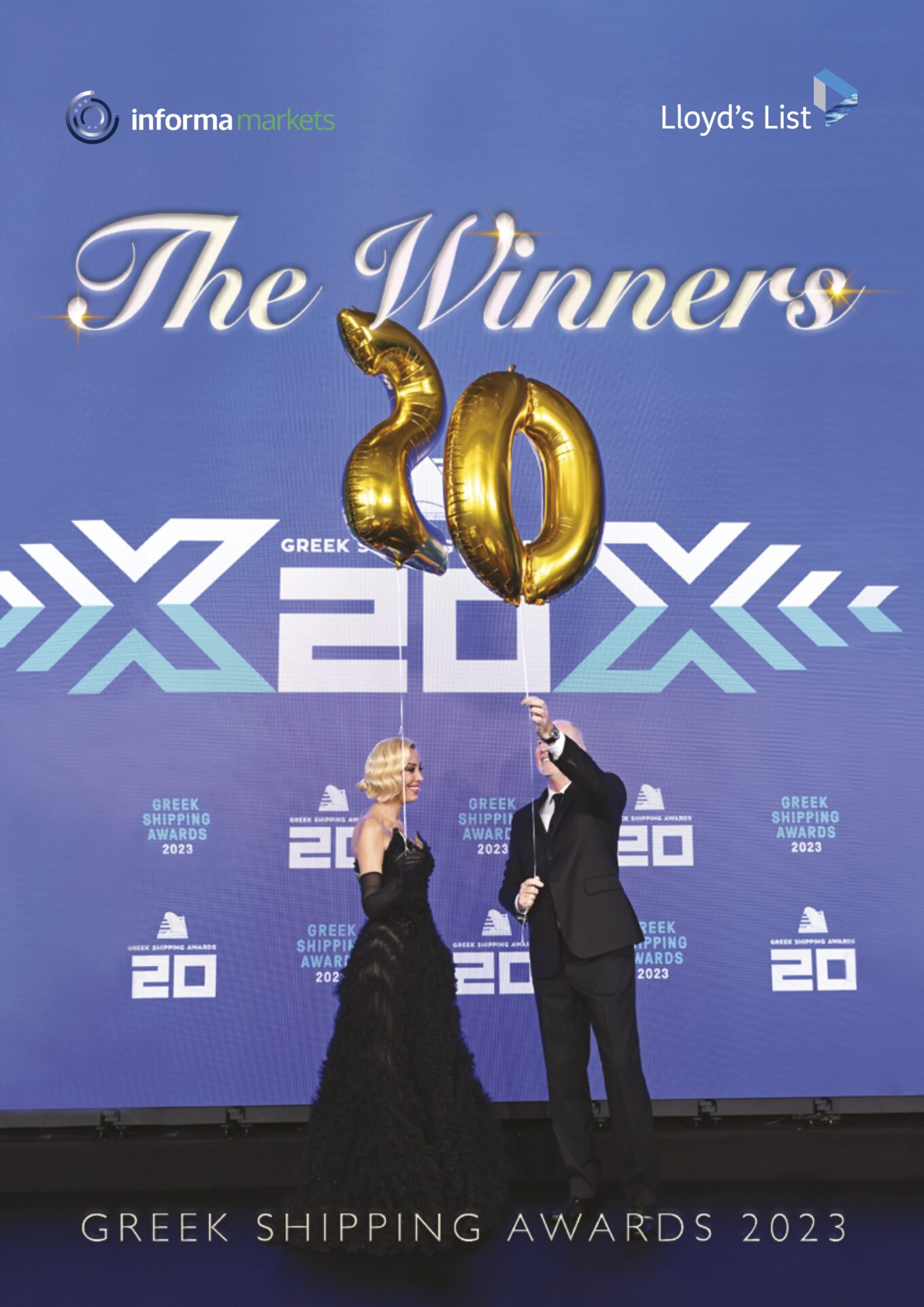 The frontpage of the 2023 Greek Shipping Awards magazine, featuring co-hosts Andriana Paraskevopoulou and Nigel Lowry holding two balloons forming the number 20, to celebrate the event's 20th anniversary.